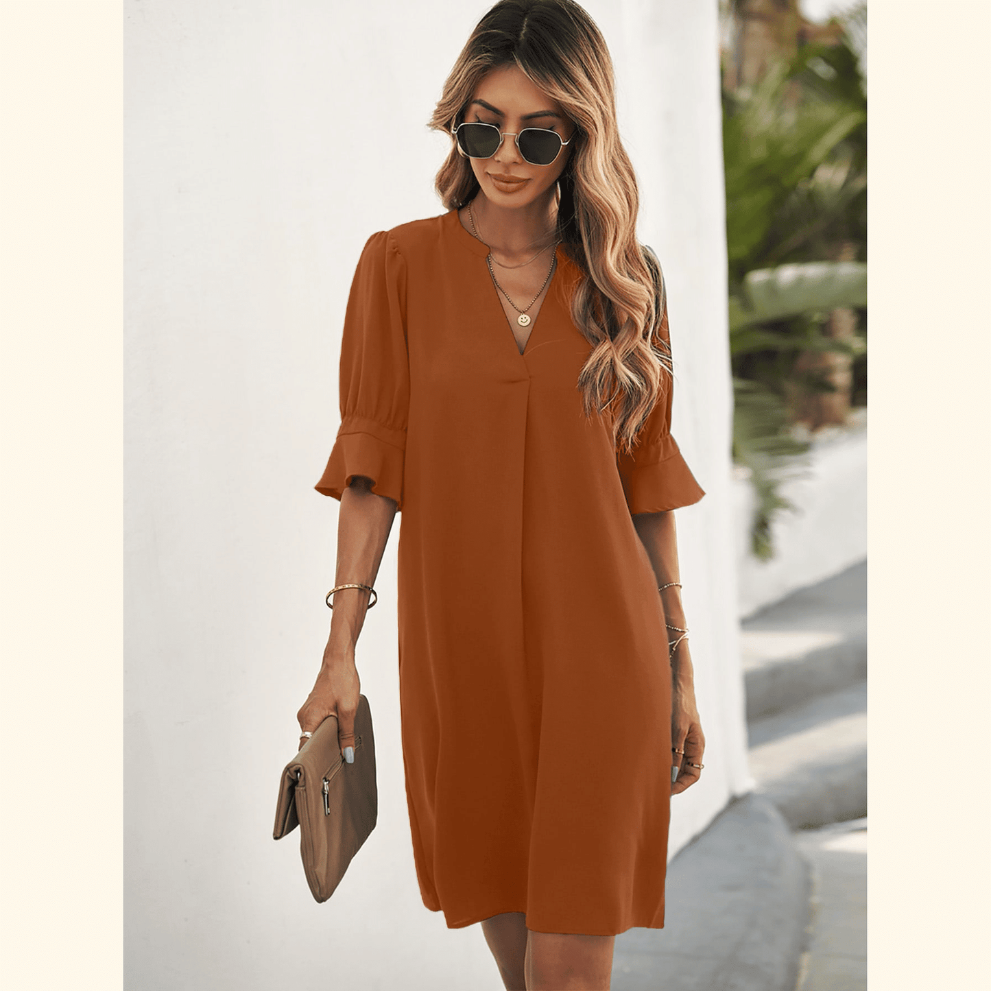 Notched Neck Flounce Sleeve Tunic Dress ??50% OFF - LIMITED TIME ONLY??