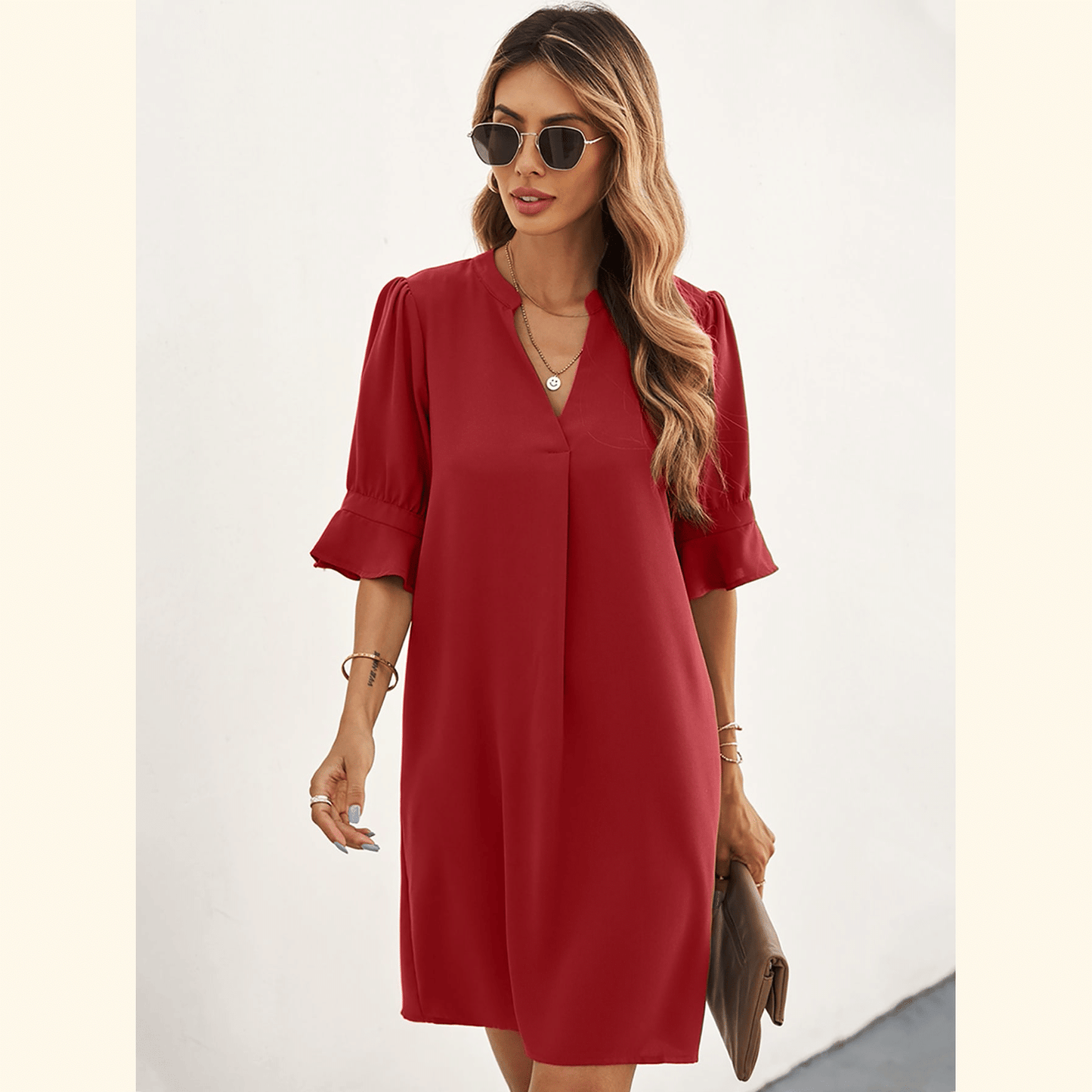 Notched Neck Flounce Sleeve Tunic Dress ??50% OFF - LIMITED TIME ONLY??