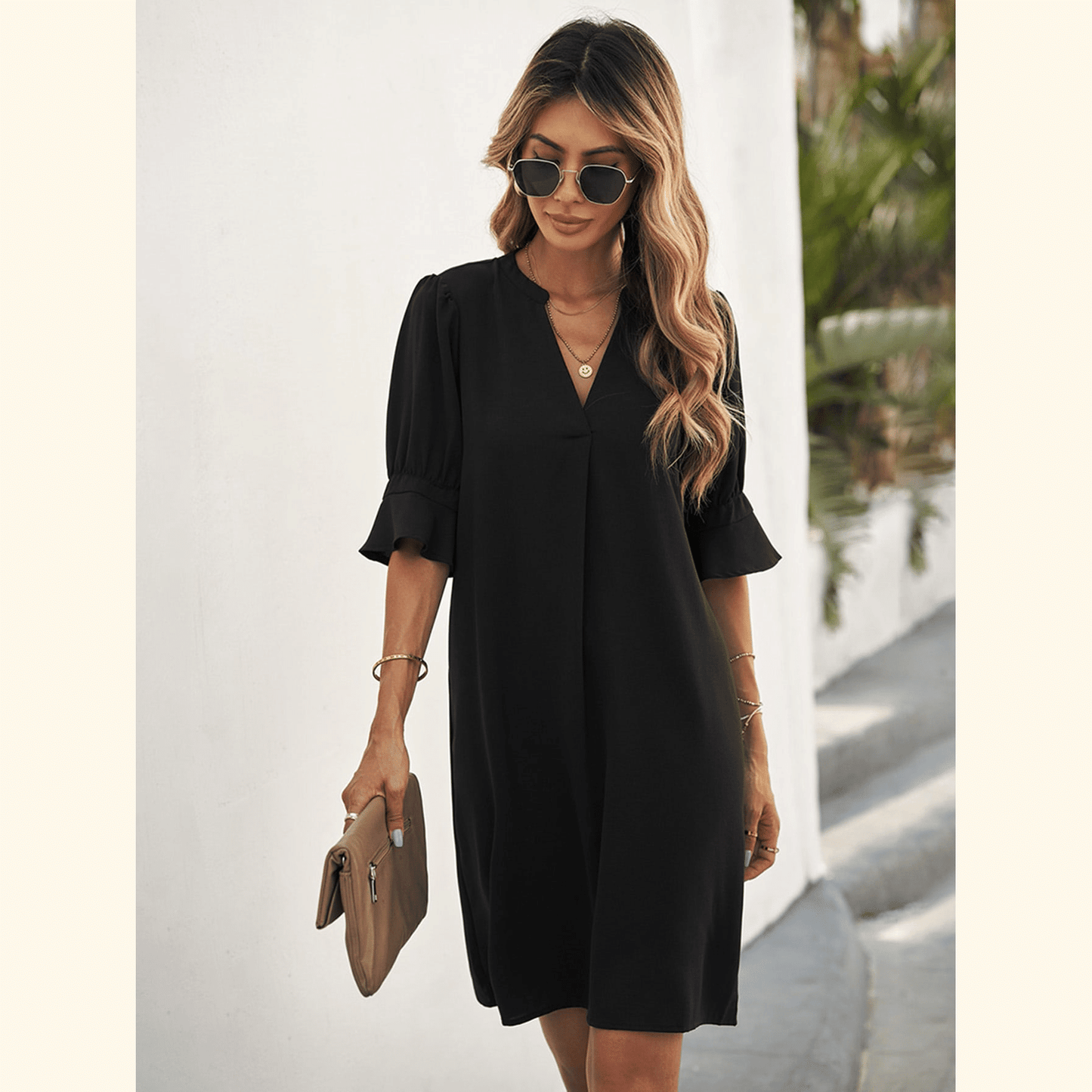Notched Neck Flounce Sleeve Tunic Dress ??50% OFF - LIMITED TIME ONLY??