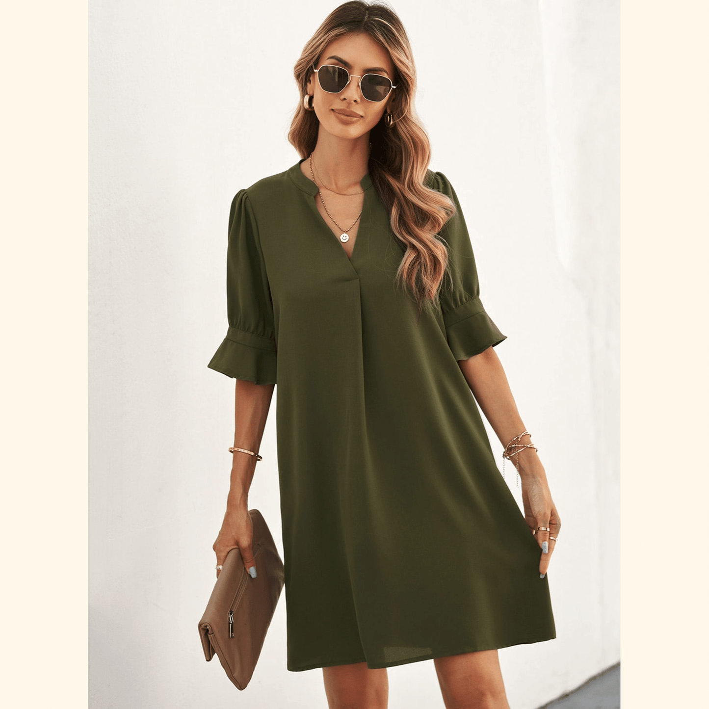 Notched Neck Flounce Sleeve Tunic Dress ??50% OFF - LIMITED TIME ONLY??